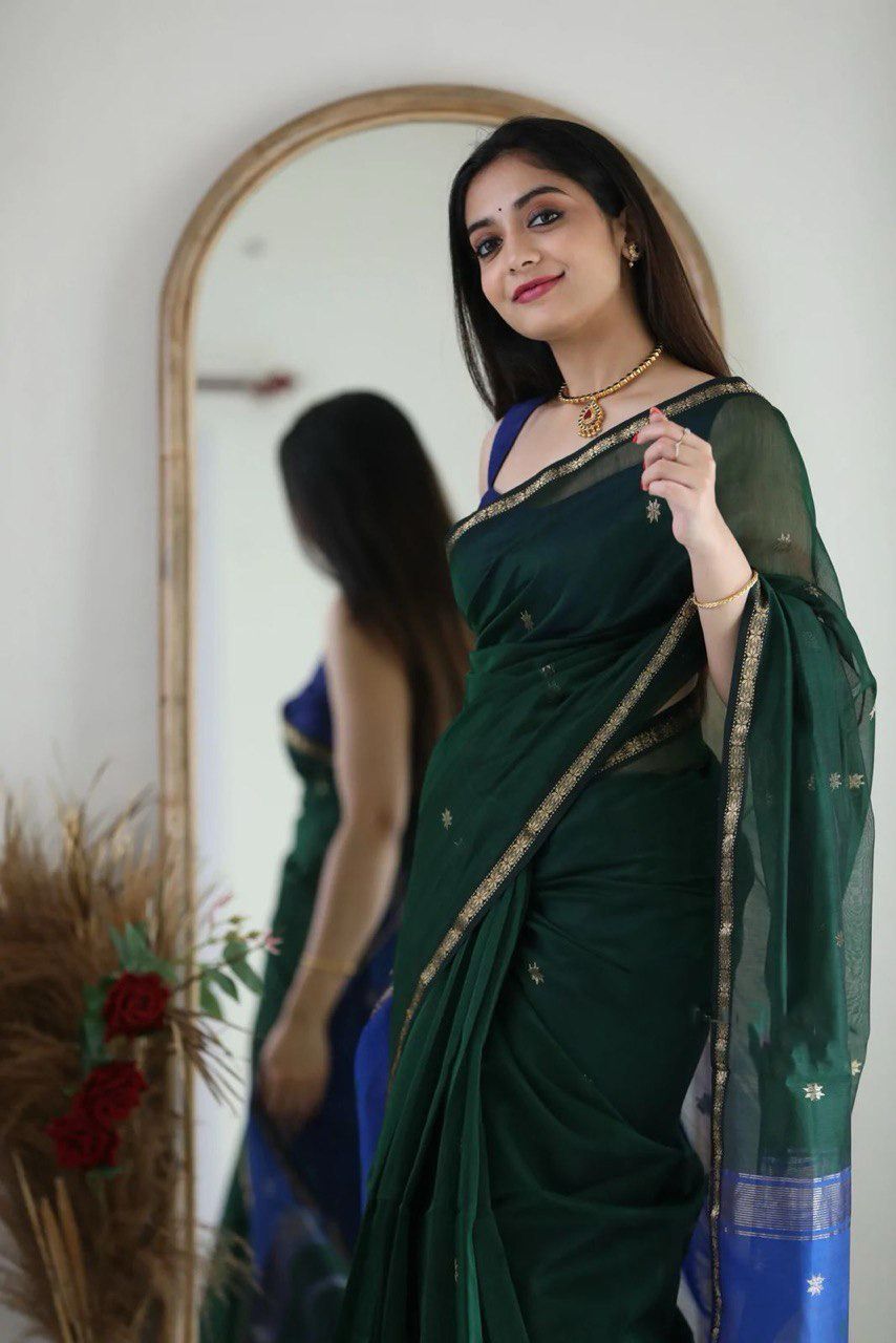 Attractive Dark Green Cotton Silk Weaving Saree