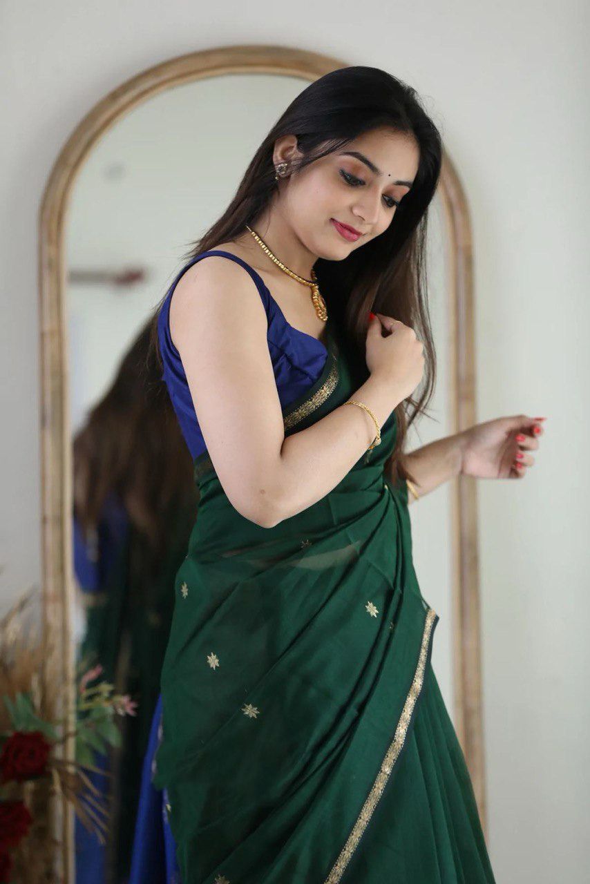 Attractive Dark Green Cotton Silk Weaving Saree