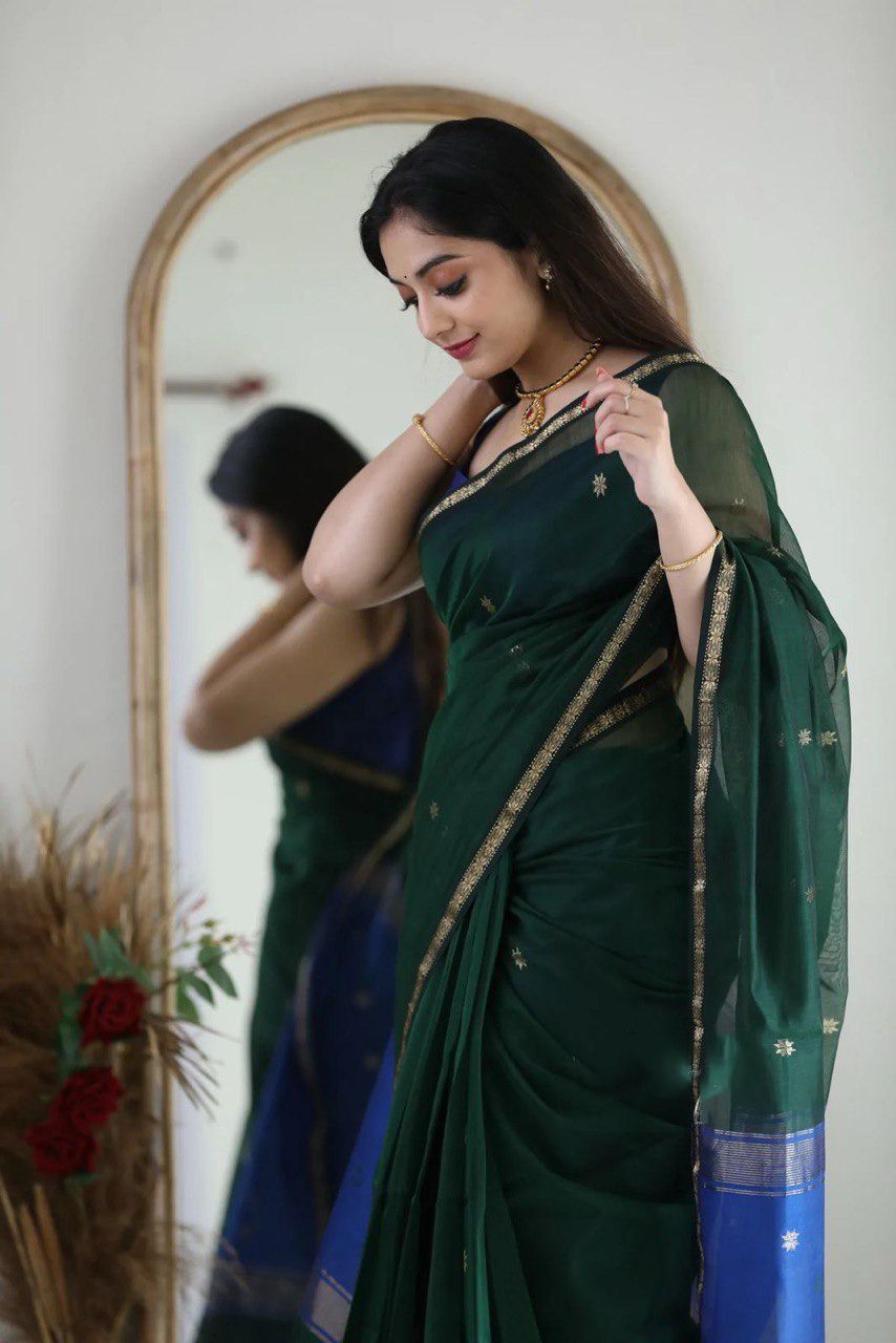 Attractive Dark Green Cotton Silk Weaving Saree