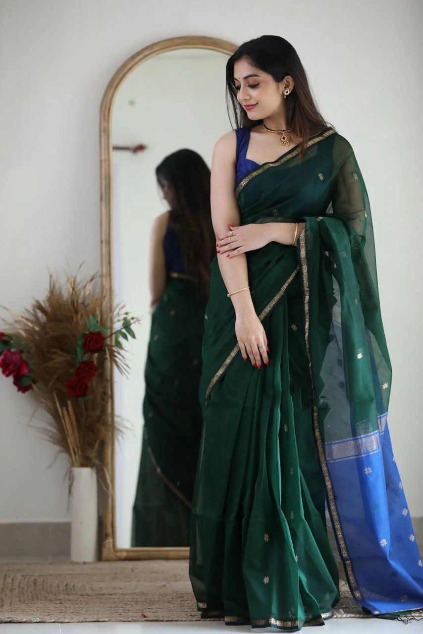 Attractive Dark Green Cotton Silk Weaving Saree