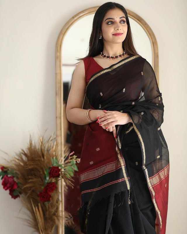 Charming Black Cotton Silk Weaving Saree