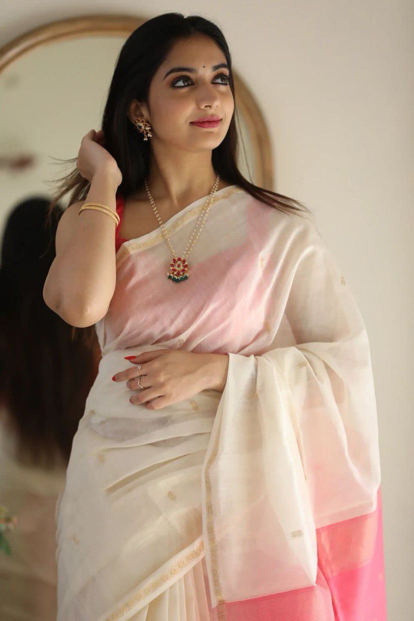 Impressive Off White Cotton Silk Weaving Saree
