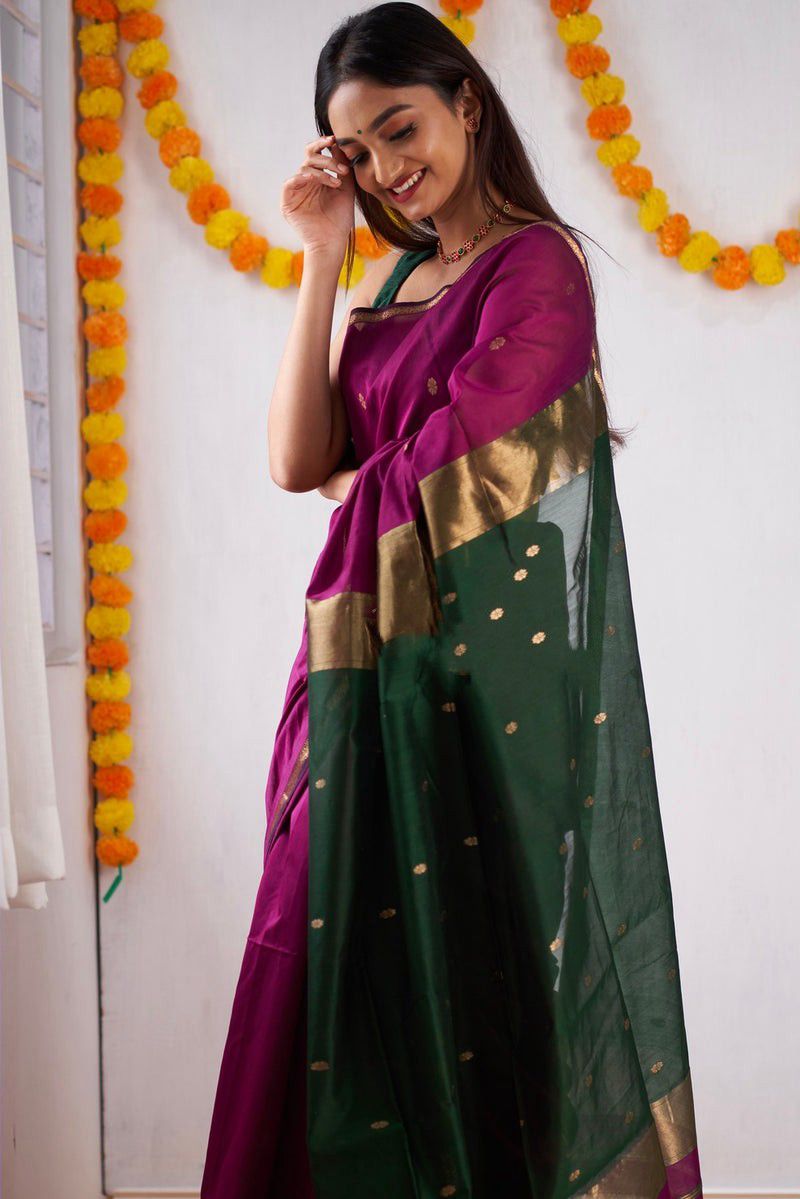 Ebullience Wine Cotton Silk Weaving Saree