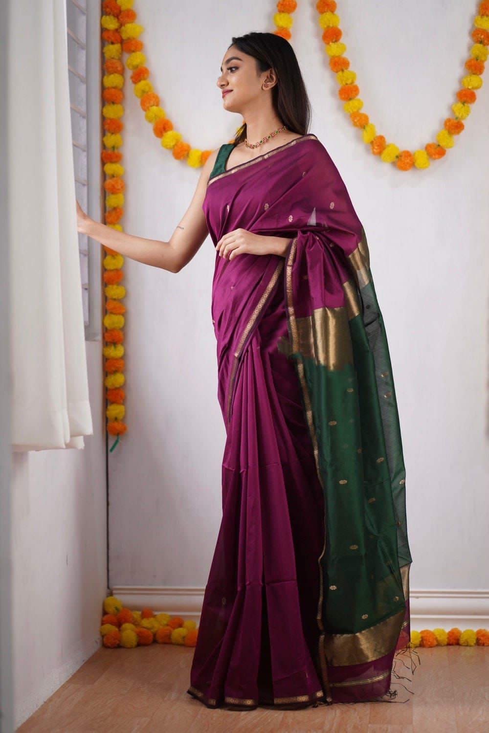 Ebullience Wine Cotton Silk Weaving Saree
