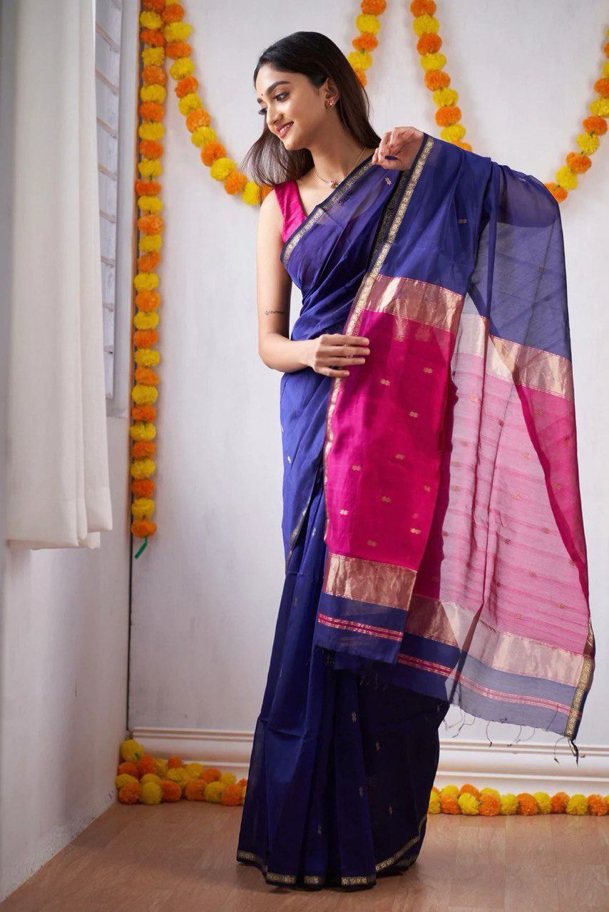 Assemblage Royal Blue Cotton Silk Weaving Saree