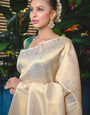 Charming Cream Kanjivaram Silk Weaving Saree