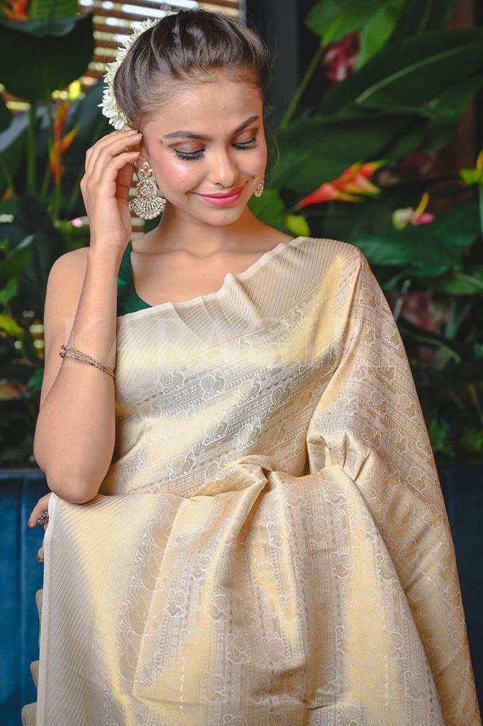 Charming Cream Kanjivaram Silk Weaving Saree
