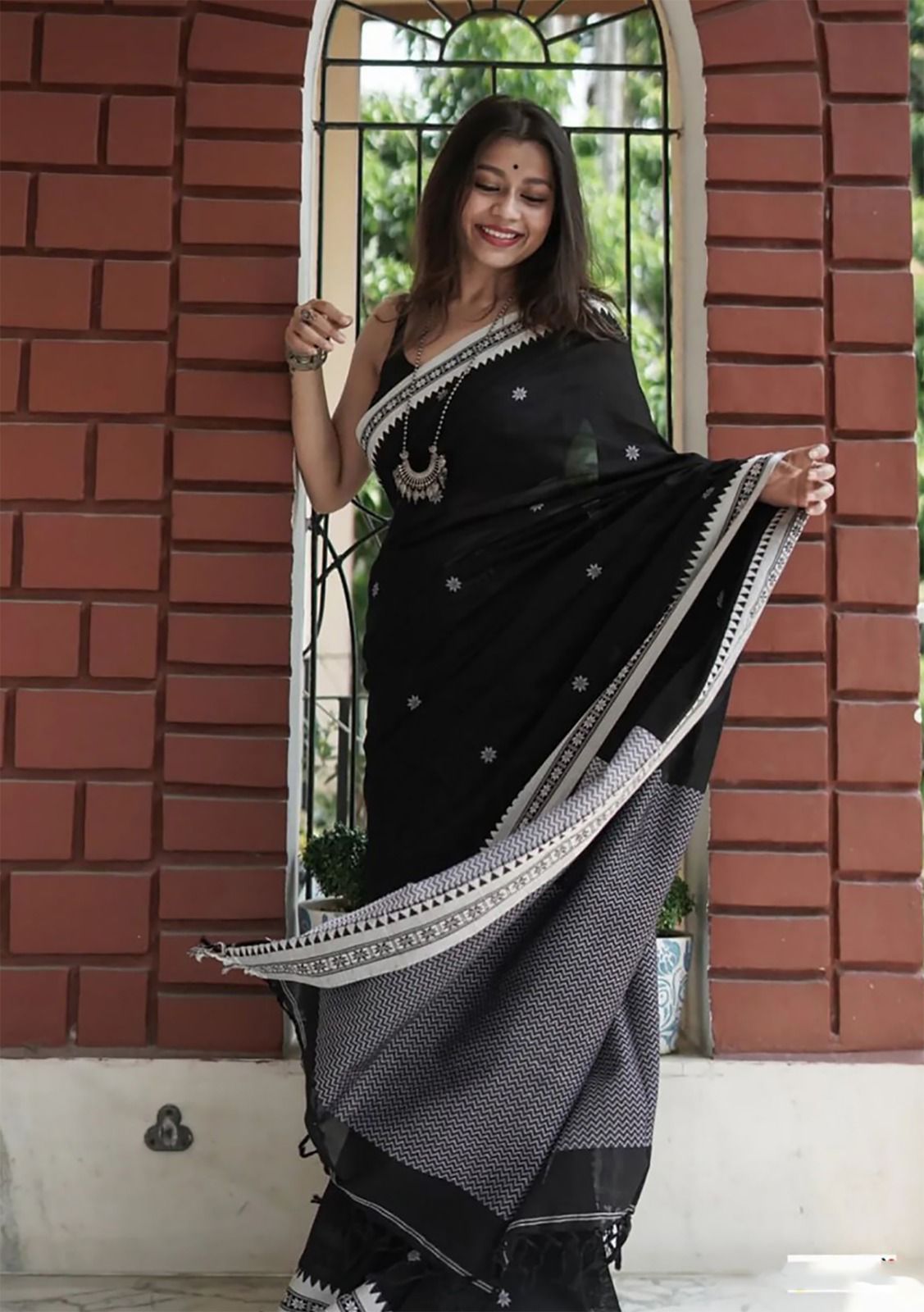 Stratified Jet Black Cotton Silk Saree