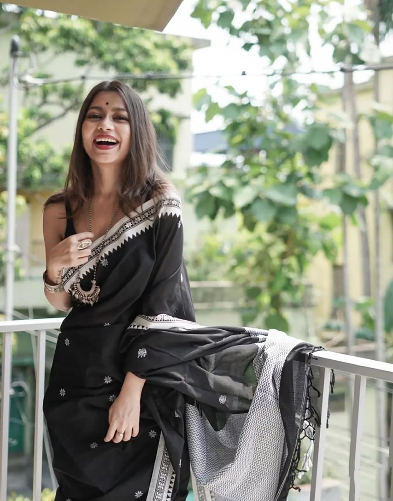 Stratified Jet Black Cotton Silk Saree