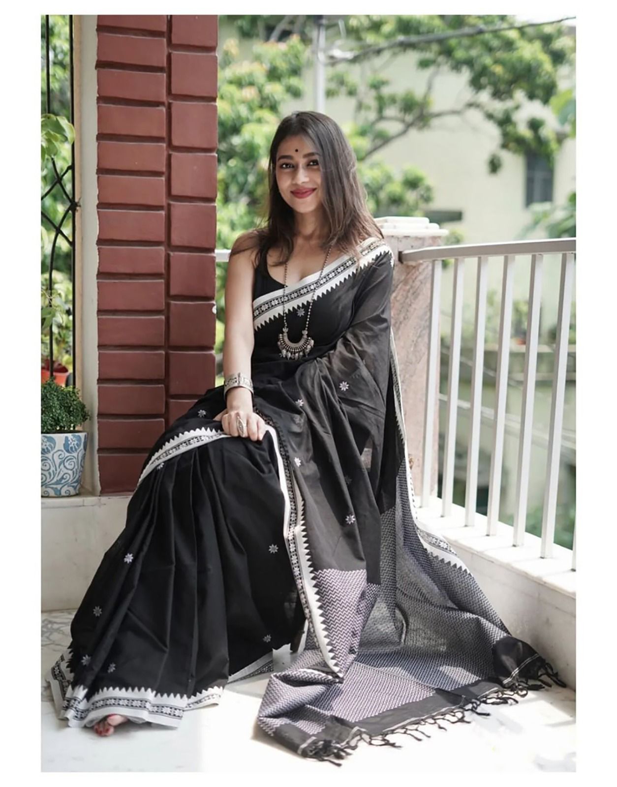 Stratified Jet Black Cotton Silk Saree
