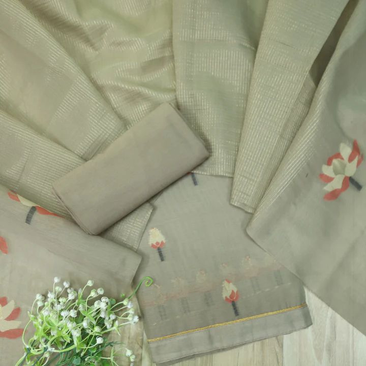 Lemon Grass Pure Soft Muga Cotton Flower Weaving Unstitched Dress Material