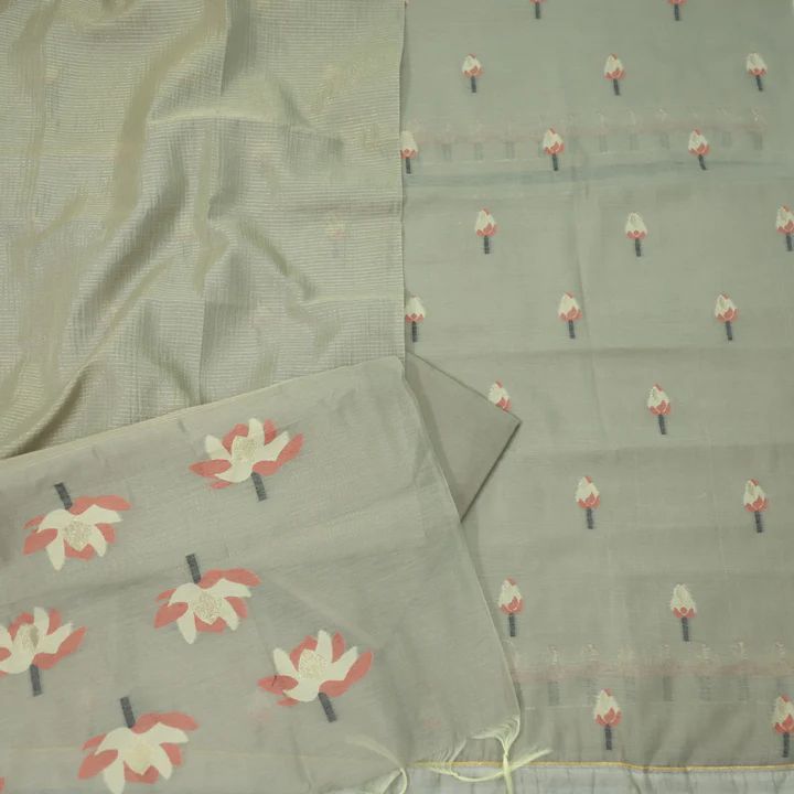 Lemon Grass Pure Soft Muga Cotton Flower Weaving Unstitched Dress Material