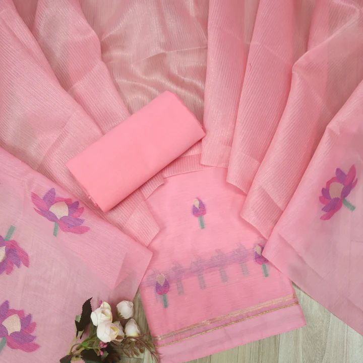 Pink Pure Soft Muga Cotton Flower Weaving Unstitched Dress Material
