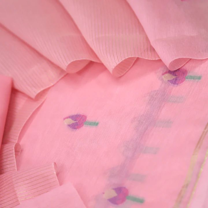Pink Pure Soft Muga Cotton Flower Weaving Unstitched Dress Material