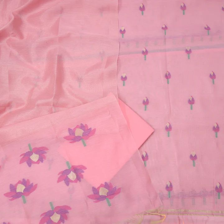 Pink Pure Soft Muga Cotton Flower Weaving Unstitched Dress Material