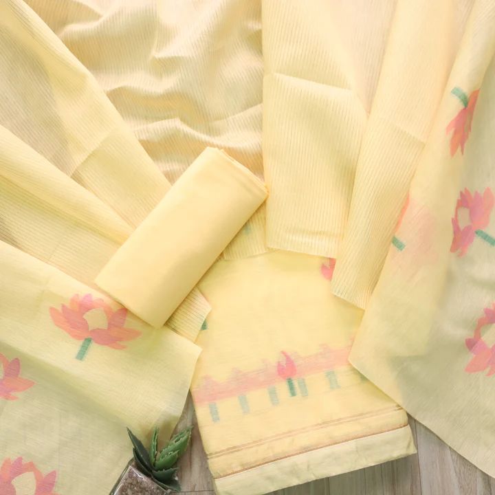 Mustard Pure Soft Muga Cotton Flower Weaving Unstitched Dress Material