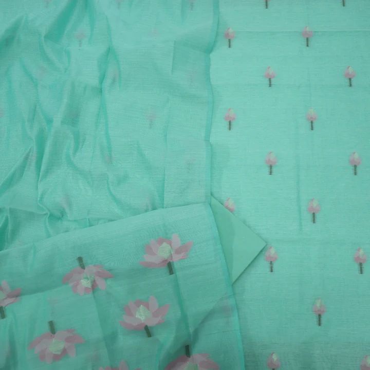 Tiffny Blue Pure Soft Muga Cotton Flower Weaving Unstitched Dress Material