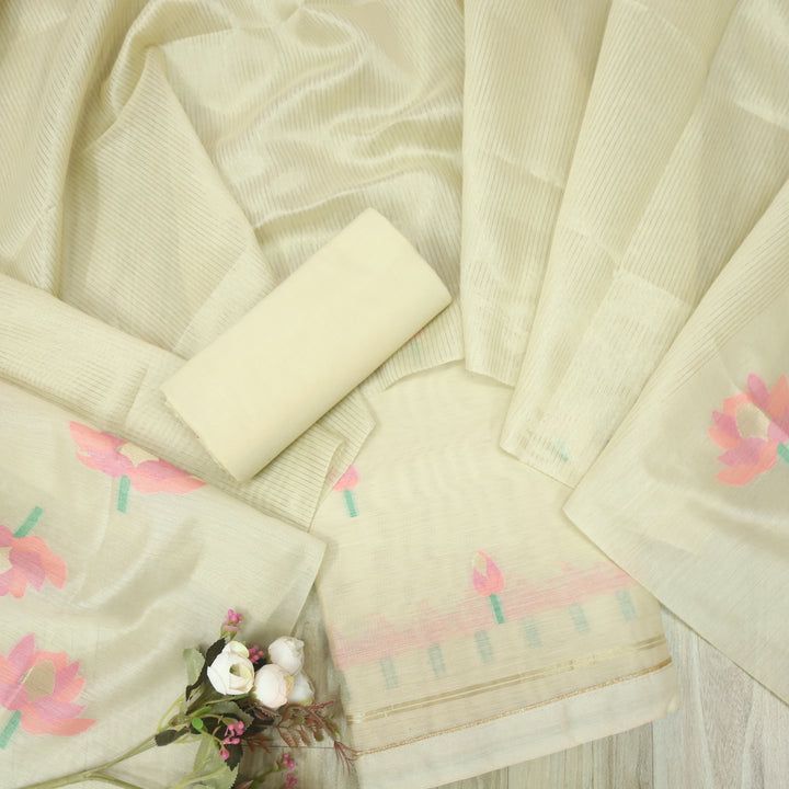 Spanish White Pure Soft Muga Cotton Flower Weaving Unstitched Dress Material