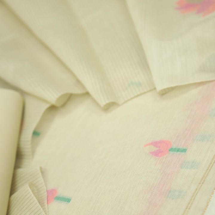 Spanish White Pure Soft Muga Cotton Flower Weaving Unstitched Dress Material