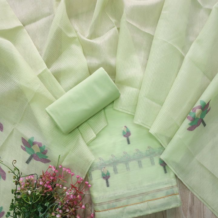 Pale Leaf Pure Soft Muga Cotton Flower Weaving Unstitched Dress Material
