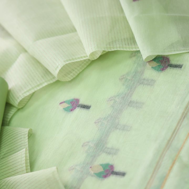 Pale Leaf Pure Soft Muga Cotton Flower Weaving Unstitched Dress Material