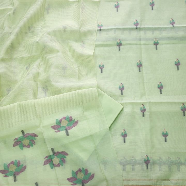 Pale Leaf Pure Soft Muga Cotton Flower Weaving Unstitched Dress Material