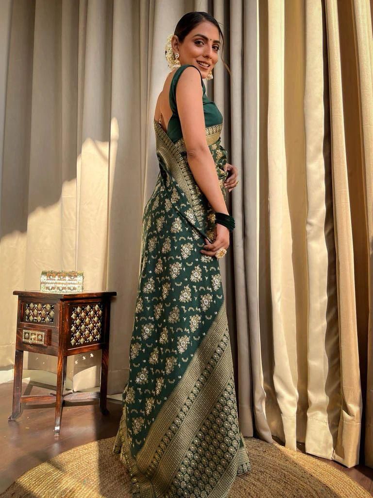 Demesne Dark Green Soft Silk Weaving Saree