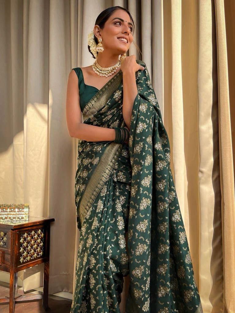 Demesne Dark Green Soft Silk Weaving Saree