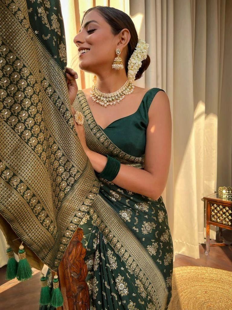 Demesne Dark Green Soft Silk Weaving Saree