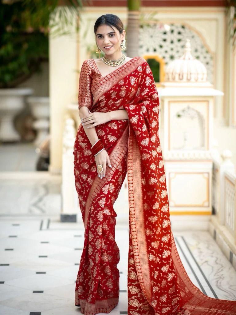 Adorning Cherry Red Soft Silk Weaving Saree