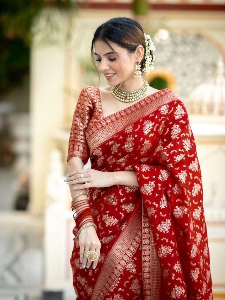Adorning Cherry Red Soft Silk Weaving Saree