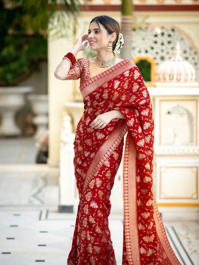 Adorning Cherry Red Soft Silk Weaving Saree