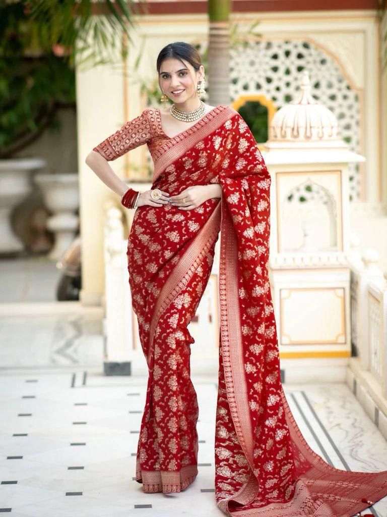 Adorning Cherry Red Soft Silk Weaving Saree
