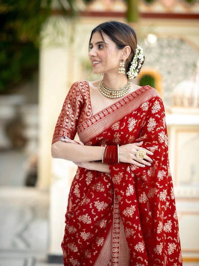 Adorning Cherry Red Soft Silk Weaving Saree