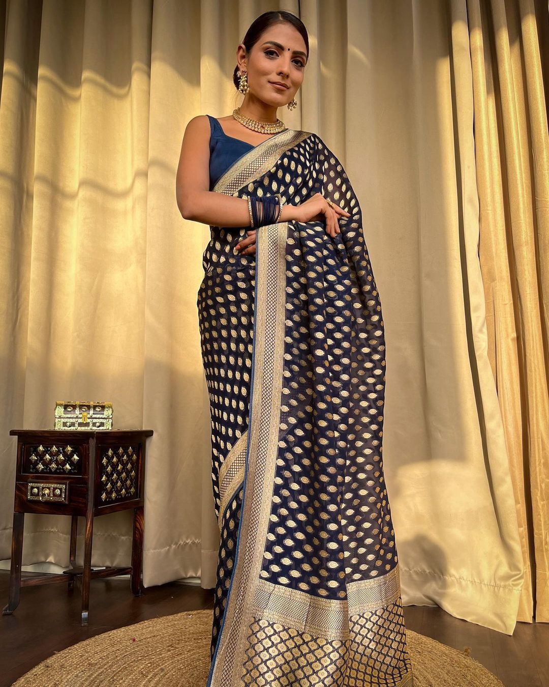 Outstanding Navy Blue Soft Banarasi Silk Weaving Saree