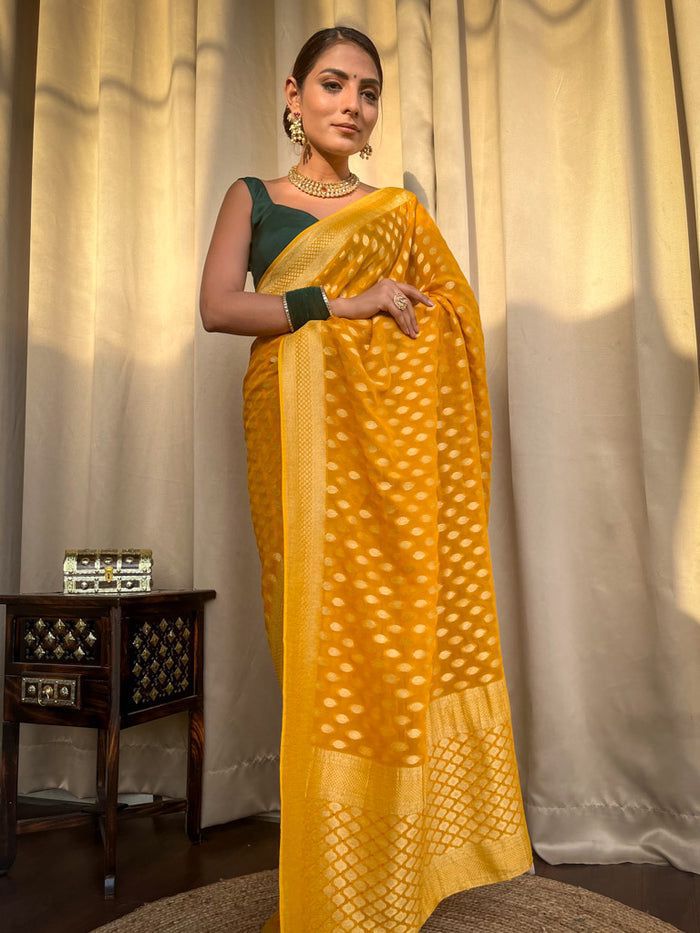 Vestigial Yellow Soft Banarasi Silk Weaving Saree