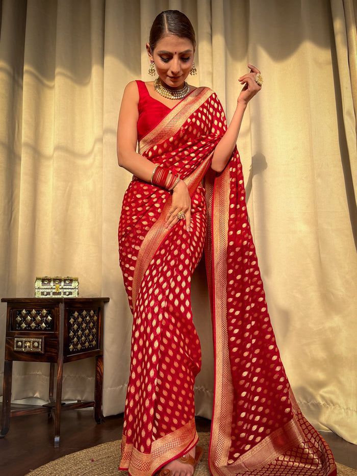 Noteworthy Red Soft Banarasi Silk Weaving Saree