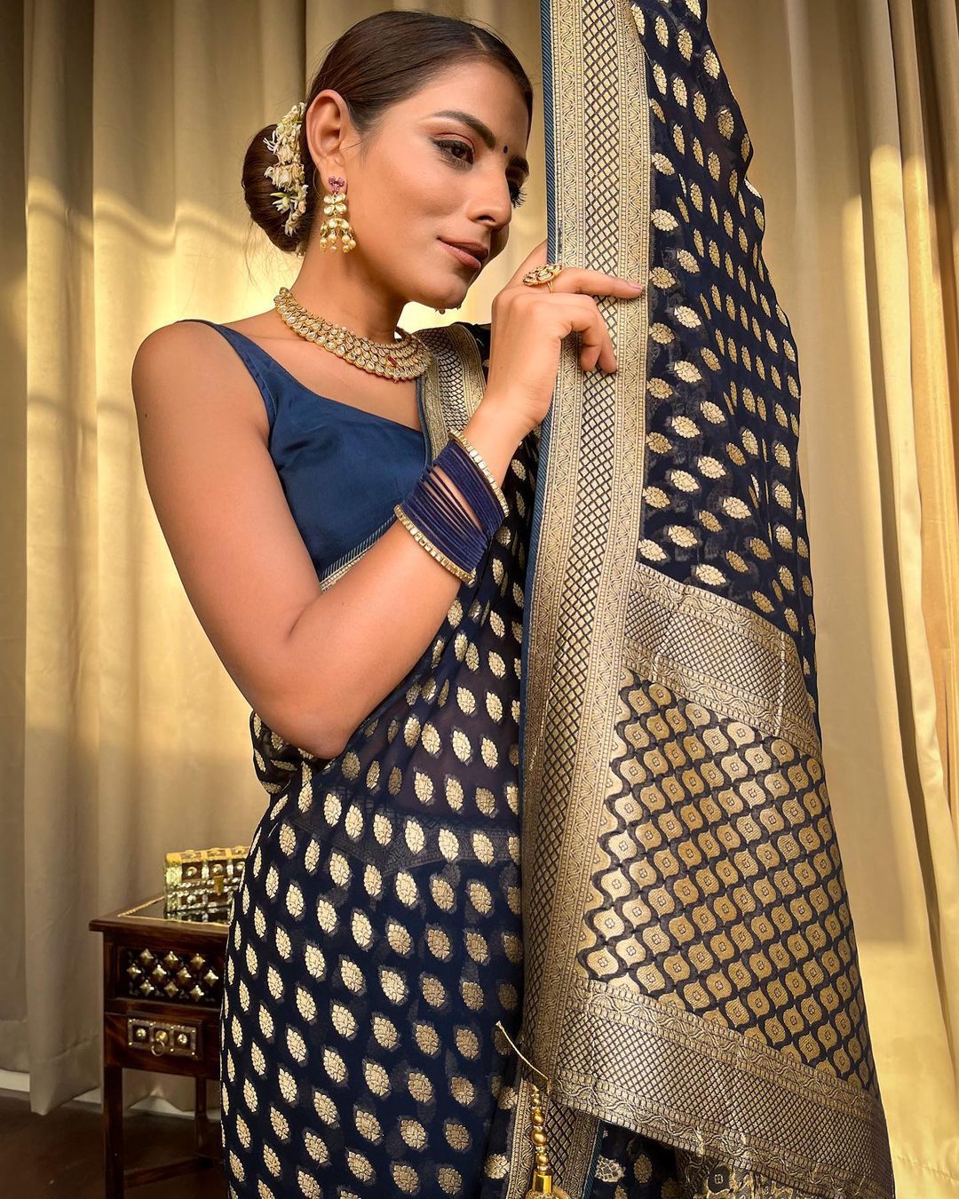 Outstanding Navy Blue Soft Banarasi Silk Weaving Saree