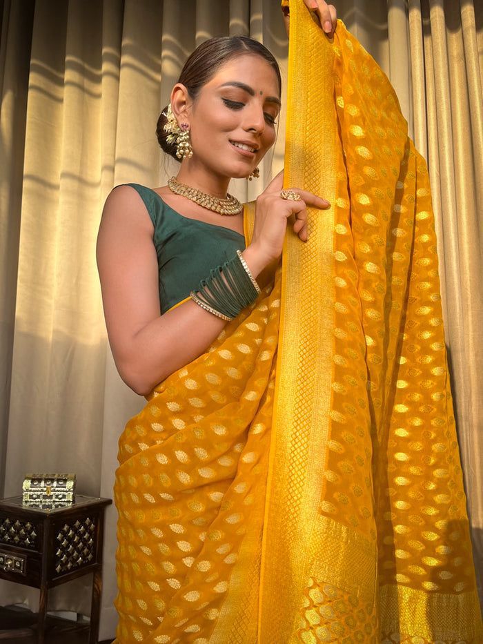 Vestigial Yellow Soft Banarasi Silk Weaving Saree