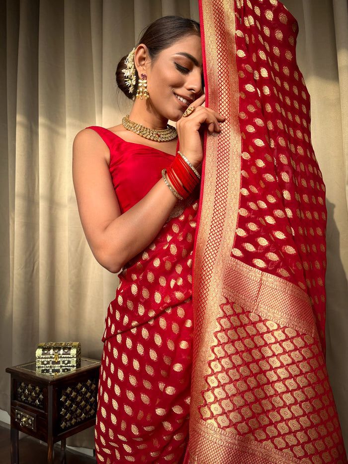 Noteworthy Red Soft Banarasi Silk Weaving Saree