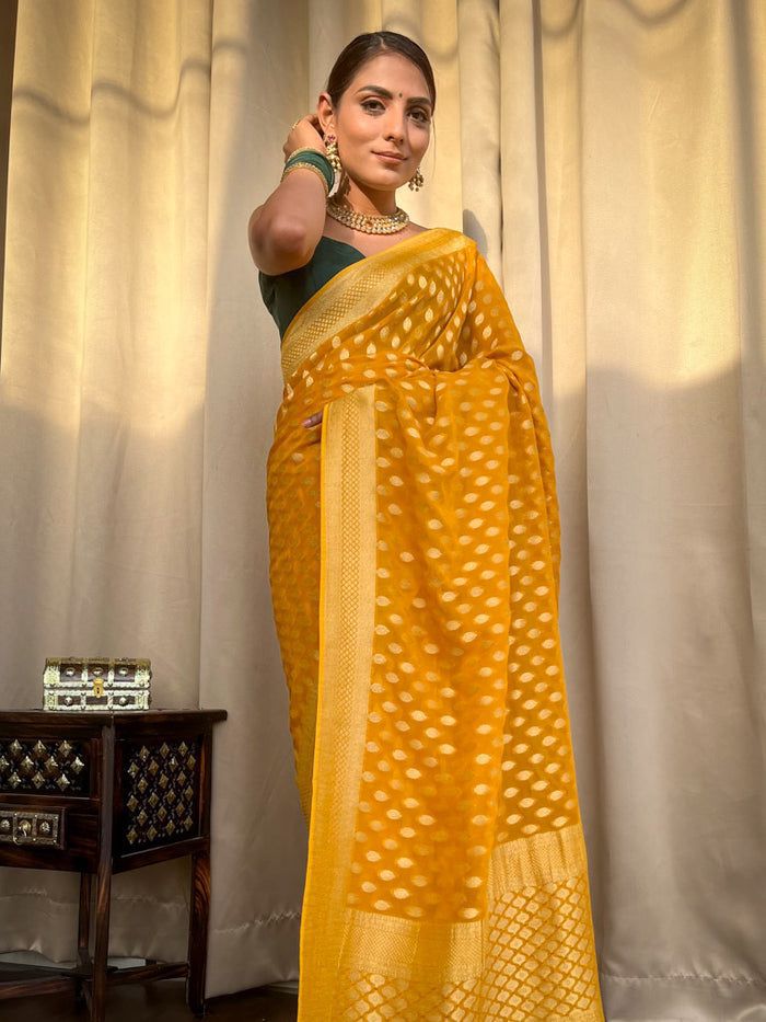 Vestigial Yellow Soft Banarasi Silk Weaving Saree