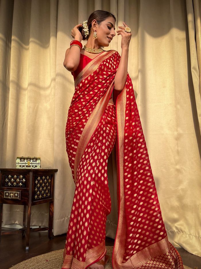 Noteworthy Red Soft Banarasi Silk Weaving Saree