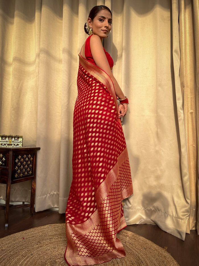 Noteworthy Red Soft Banarasi Silk Weaving Saree
