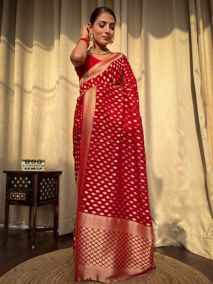Noteworthy Red Soft Banarasi Silk Weaving Saree