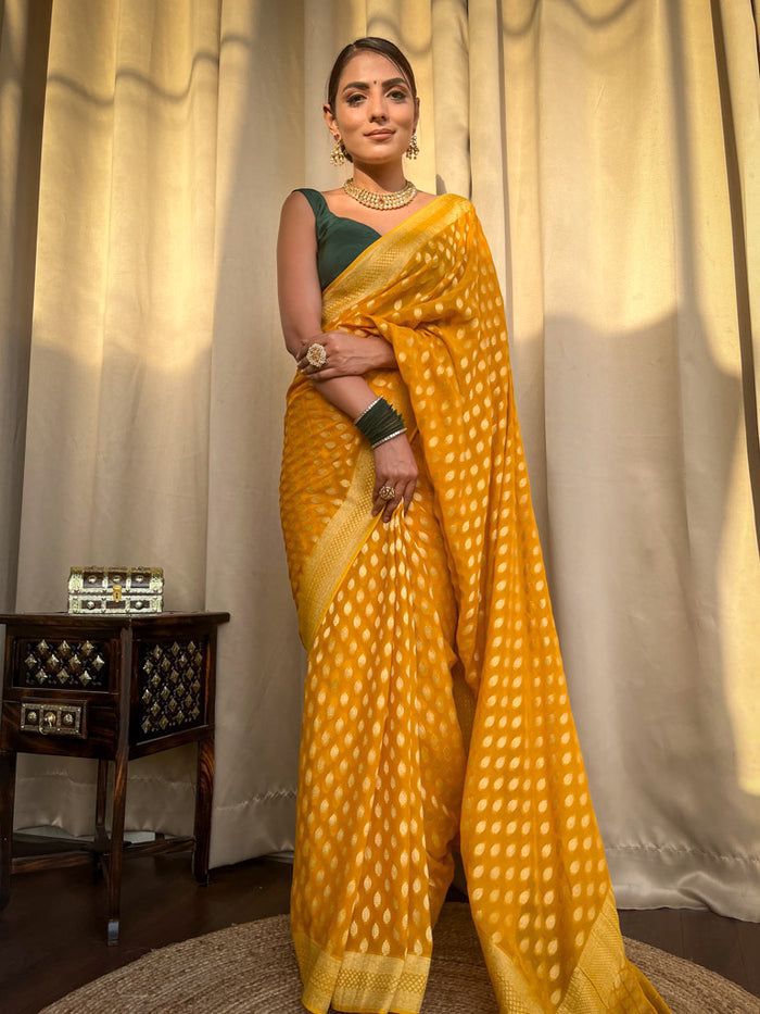 Vestigial Yellow Soft Banarasi Silk Weaving Saree
