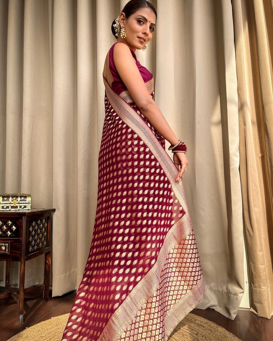 Nemesis Wine Soft Banarasi Silk Weaving Saree