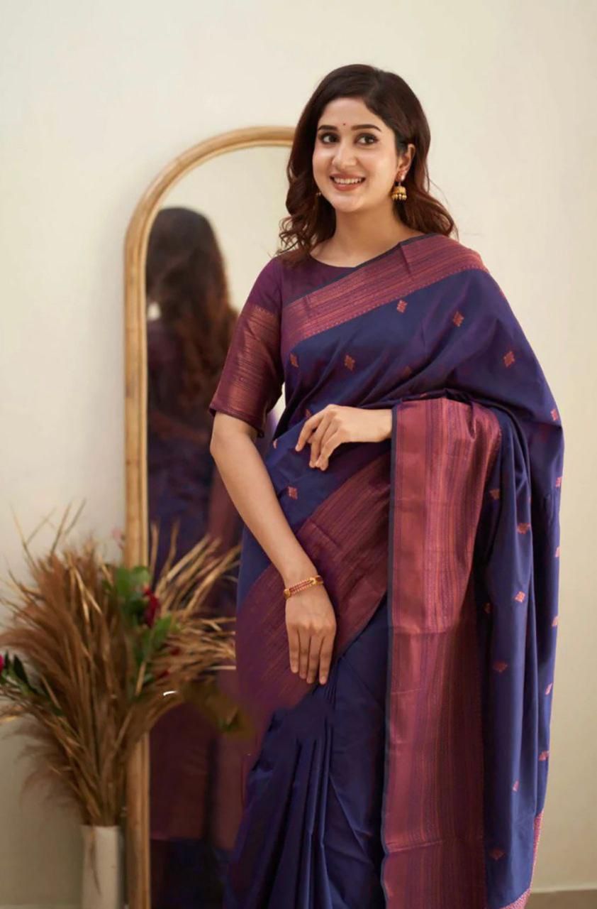 Exceptional Navy Blue Soft Silk Weaving Saree