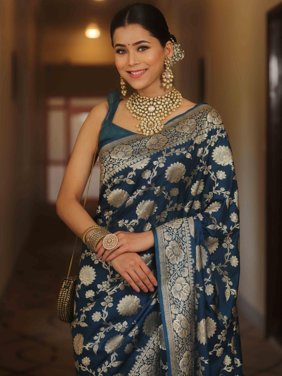 Enamoring Navy Blue Soft Silk Weaving Saree