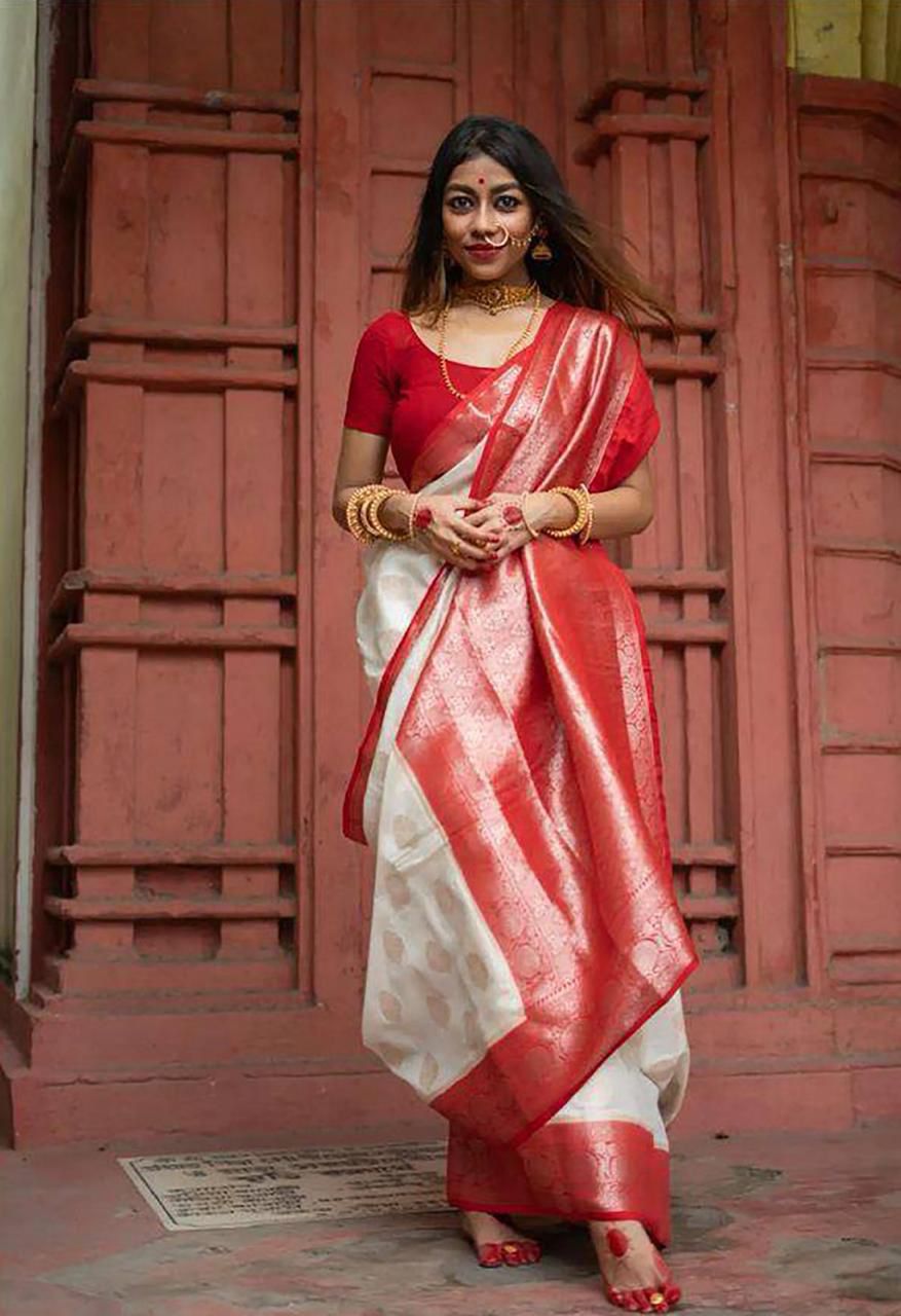 Extraordinary White And Red Soft Silk Weaving Saree