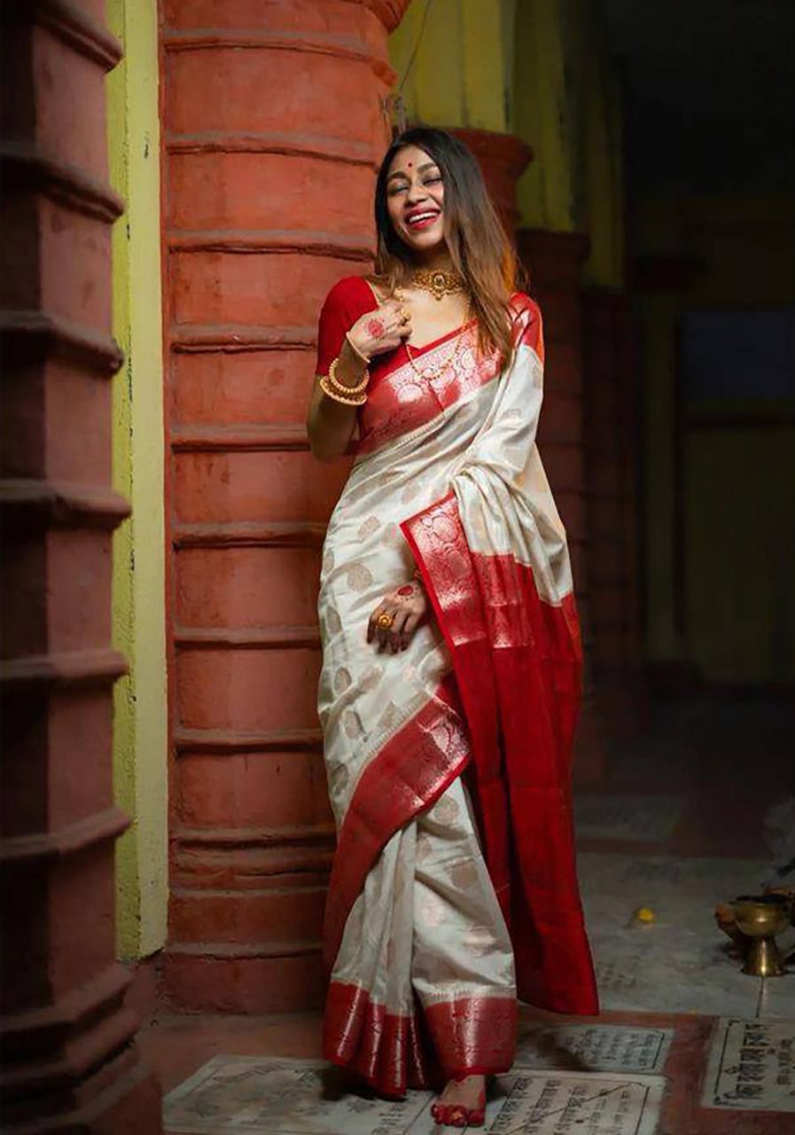 Extraordinary White And Red Soft Silk Weaving Saree